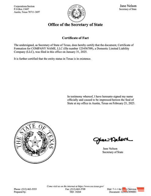 USA Texas certificate of fact Word and PDF template